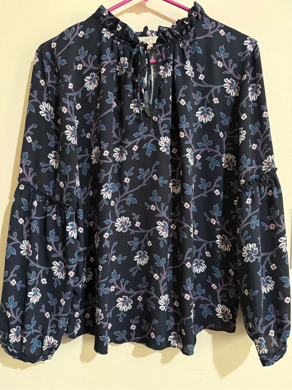 LOFT Navy Floral Ruffle Tie-Neck Blouse